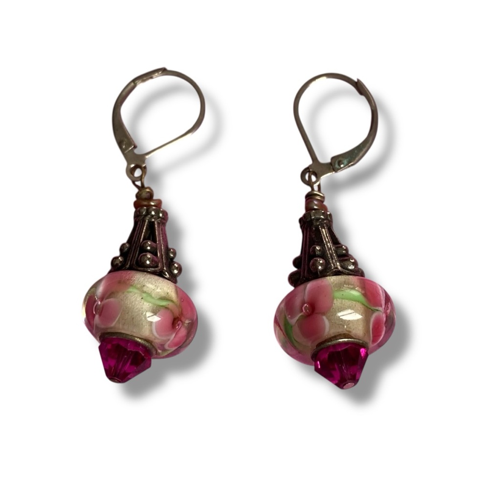 Elegant Pink and Silver Drop Earrings - Picture 3 of 9